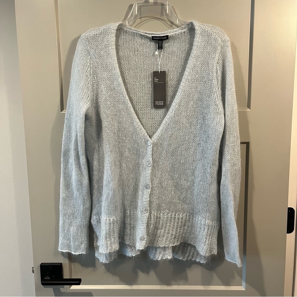 NWT Eileen Fisher Medium Gray Mohair V-neck Boyfriend Cardigan Sweater Soft $258